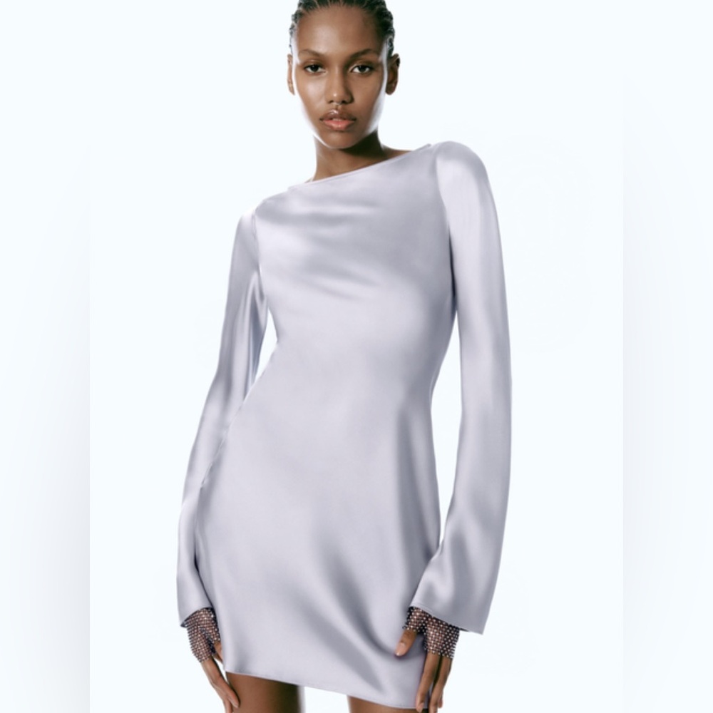Zara SATIN EFFECT MINI DRESS. Silver. Size XS. New with Tags.